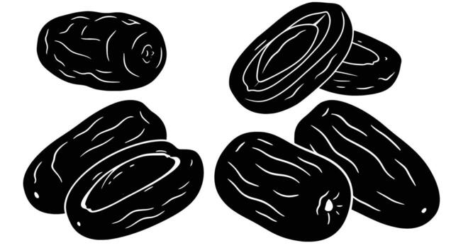 A monochrome depiction showcases a small group of dates, each rendered in a stark black silhouette against a clean white backdrop, highlighting their unique shape vector