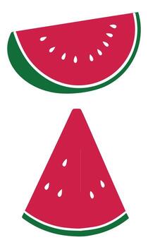 Two watermelon slices, one a semicircle and the other a triangle, both with red flesh, green rind, and white seeds, creating a refreshing summer vibe vector