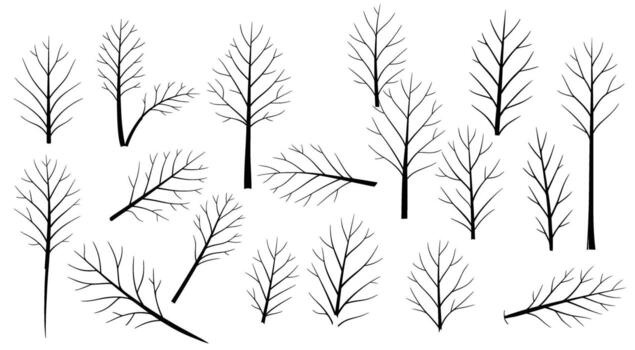 un colección de minimalista árbol ilustraciones, presentando desnudo ramas y sencillo líneas, Perfecto para agregando un toque de naturaleza a ninguna diseño proyecto vector