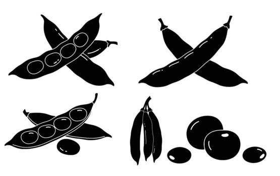 un monocromo composición caracteristicas un surtido de legumbres, incluso soja y guisantes, presentado en varios formas tal como todo vainas, sin cáscara frijoles, y abrió vainas vector