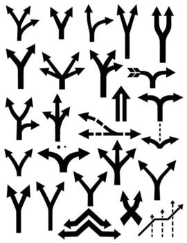 colección de negro flecha íconos un diverso conjunto de negro flecha íconos señalando en varios direcciones, incluso división caminos, curvas, y Derecho líneas, Perfecto para orientación y diseño proyectos vector