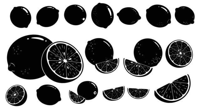 A captivating collection of lemon silhouettes, showcasing the fruits iconic shape and form in various angles and arrangements, perfect for adding a touch of citrus to any design vector