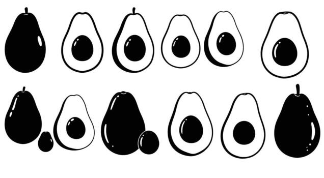 A captivating array of avocado fruits in black and white, , showcases a variety of forms the composition includes whole and halved avocados, highlighting shape vector
