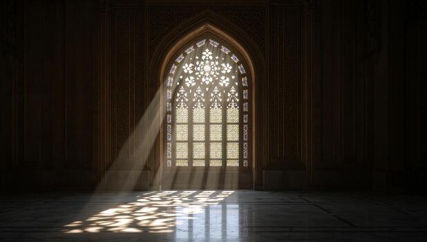 luz de sol transmisión mediante florido ventana, creando resumen patrones en el piso. foto