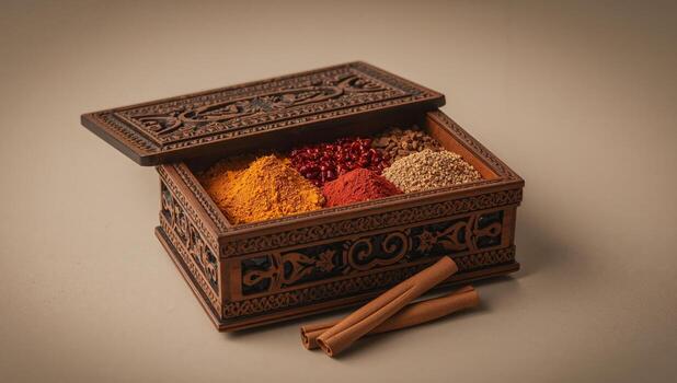 An Intricate Box Containing Varied Textures. Powders, Seeds, and Sticks an Abstract Display. photo
