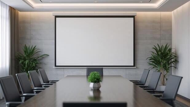 Conference Room with Projector Screen and Wooden Table, Calm and Neutral Tones. photo