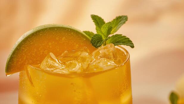 Golden Elixir. A Refreshing Composition of Citrus and Mint, Illuminated by Soft Light. photo