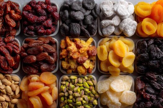 Bowls of colorful dried fruits and nuts creating a vibrant and healthy snacking display photo