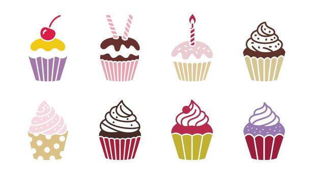 Assorted frosted cupcakes with toppings frosting cherry vector
