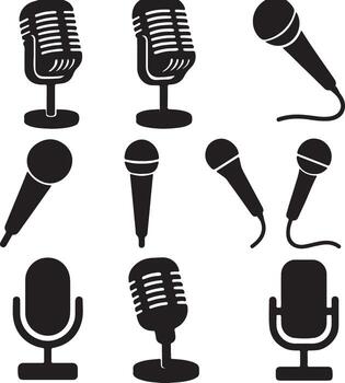 Collection of microphone icons in various styles for audio recording needs vector