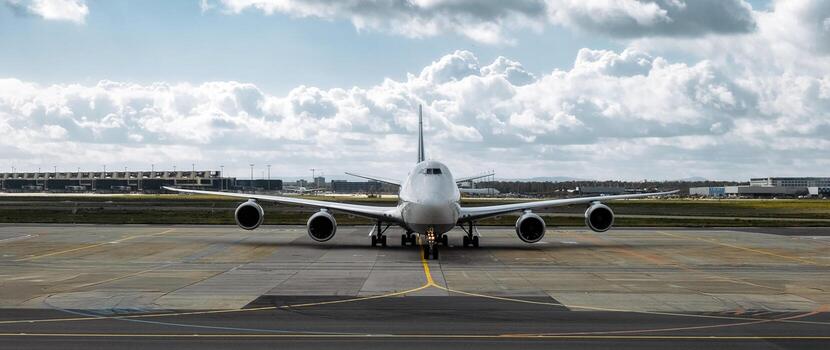 Large commercial airplane parked on runway, showcasing its sleek design and powerful engines, with a backdrop of clouds and airport infrastructure, emphasizing aviation technology photo