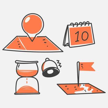 a set of icons depicting a calendar, clock, and other items vector