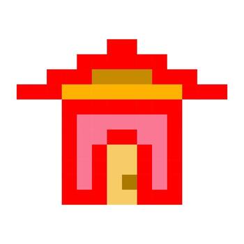 Pixelated red house icon with bold geometric symmetry, ideal for retro games, UI assets, or nostalgic digital environments. vector