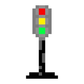 Pixel traffic light with red, yellow, and green signals in vertical layout, ideal for retro games, urban UI, or educational digital assets. vector