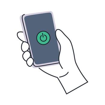 Hand holding smartphone with power button on screen, flat cartoon illustration for technology, mobile device and digital interface design, modern gadget and user interaction concept vector