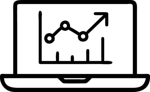 Black outline laptop displaying a simple line graph with an upward trend vector