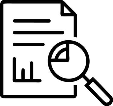 Black line art icon of a document with charts and a magnifying glass vector