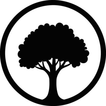Silhouette of a tree inside a perfect circle black and white simple design. vector