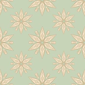 pastel modelo en oriental estilo con estilizado flores en el formar de de seis puntas estrellas, decorado con círculos y espirales, rodeado por brotes, en suave pastel antecedentes. vector