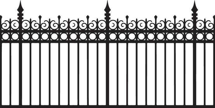 Black wrought iron fence with ornate scrolls and pointed finials decorative vector