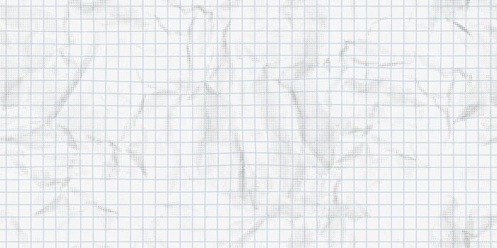 Crumpled white paper sheet with halftone dotted seamless texture and editable blue grid checkered lines overlay. Modern retro abstract background illustration for grunge mixed media design vector