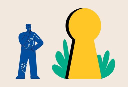 hombre mirando a el ojo de cerradura. solución a problema concepto. vistoso ilustración vector