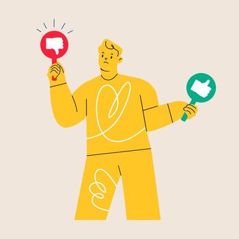 Man give review rating and feedback. Customer choice. Colorful illustration vector