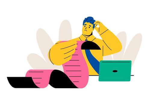 Business man sitting and looking at long check list. Paperwork and daily routine concept. Flat illustration isolated on white background vector