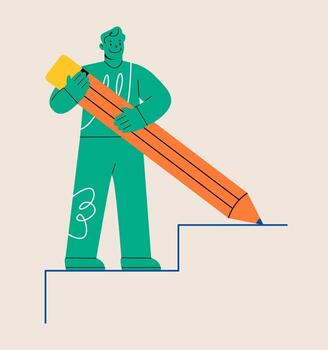 Man building staircase to progress ascending. Development strategy concept. Colorful illustration vector