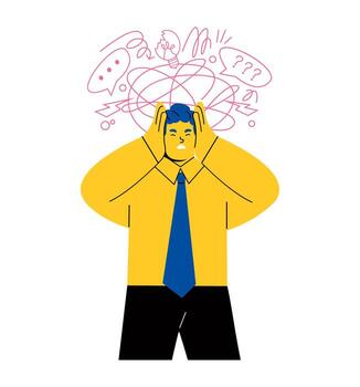 estresado negocio hombre con manos en su cabeza con garabatear resumen elementos en antecedentes. plano ilustración aislado en blanco antecedentes vector