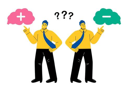 Business man making choosing decisions Positive and negative thoughts. Comparison concept. Pros and cons with two choices. Flat illustration isolated on white background vector