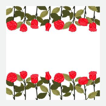 A square frame decorated with borders of bright red roses on a stem at the top and bottom edges. vector