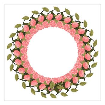 A square frame decorated in the center with a circle of light pink roses on a stem. vector
