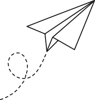 Simple line art paper airplane icon flying joyfully through the sky creating a whimsical dotted trail vector