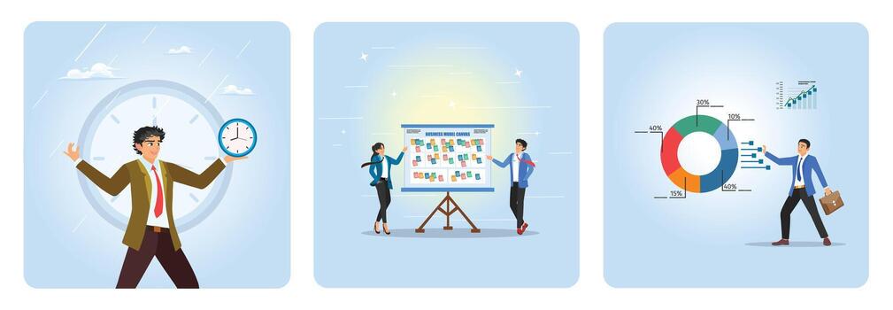 Business professionals discussing strategies and time management vector