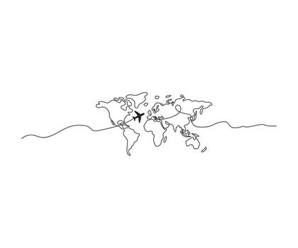 PGlobal Journey A minimalist line-art illustration depicts a global journey, where an airplane traces a continuous route across the world map. This simple yet evocative image symbolizes travel. vector