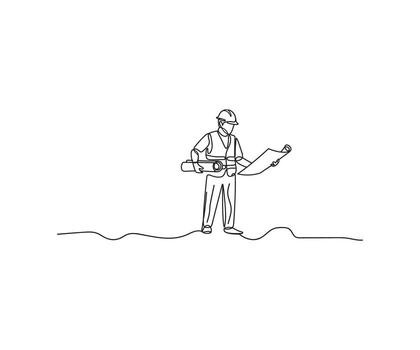 Construction Architect A skilled architect in safety gear meticulously studies blueprints, embodying expertise and precision in the realm of building design and construction. vector