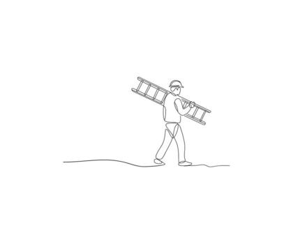 Linear Worker A minimalist illustration of a construction worker in an linear style carrying a ladder, symbolizing manual labor and construction activities. vector
