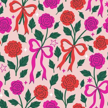 Seamless pattern of red and pink flowers tied with bows. graphics. vector