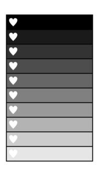 A gradient bar with white hearts on each level, ranging from black to light gray vector