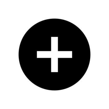 A white plus sign is centered in a black circle on a white background. Simple and bold design vector