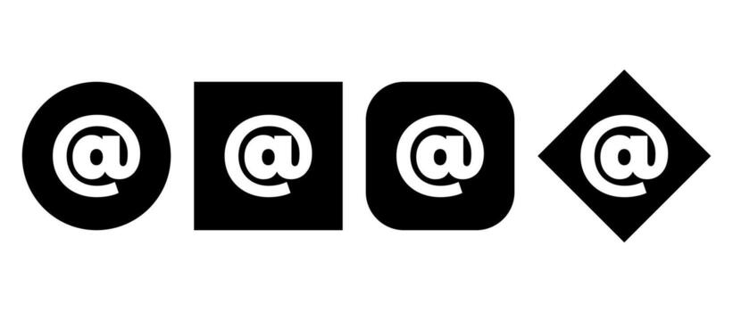 Four black and white shapes each contain an At symbol. The shapes are a circle, square, rounded rect, and diamond vector