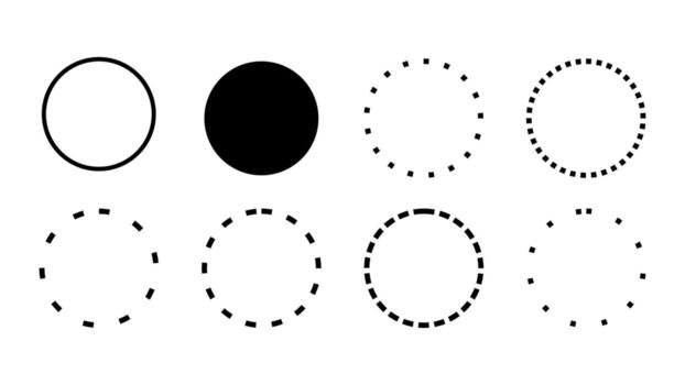 A collection of eight black and white circle graphics. Varying styles from solid to dashed vector