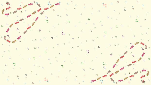 Flat colorful pattern featuring red, pink, green, and blue wrapped candies arranged in smooth swirl shapes on a soft cream pastel background vector