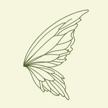 Elegant butterfly wing outline composed of dotted lines with intricate patterns and a delicate structure against a soft vector