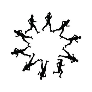 Silhouettes of diverse individuals running and jumping in a circular formation representing movement and activity vector