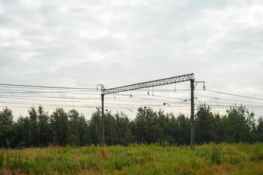 Overhead power lines and a support pole against a cloudy sky with green trees and grass in the foreground for general utility concept. photo