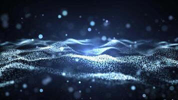 Abstract digital dynamic waves of blue glittering particles with a background of glowing moving lights, data streams, and cyber technologies. 3D rendering video