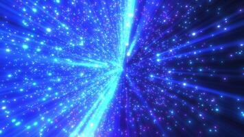 Dynamic abstract background of glowing blue and purple particles moving through space, creating a futuristic light tunnel and cosmic energy effect. video