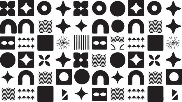 Black and White Geometric Shapes Pattern Circles, Squares, Stars, Arches, and Abstract Design Elements vector